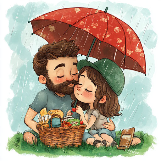 Caricature drawing of a cute couple having a picnic in the rain