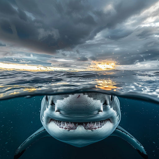 Great white shark under the water surface with a dramatic sky
