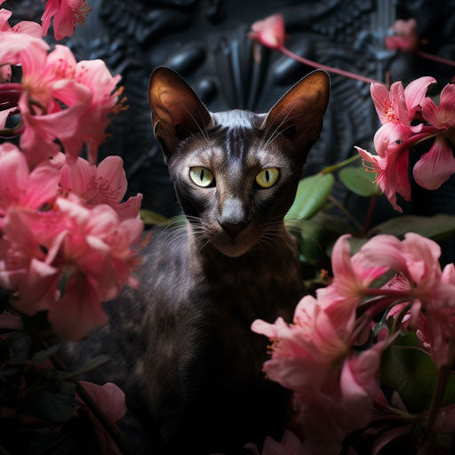 Oriental shorthair cat in a flower bed