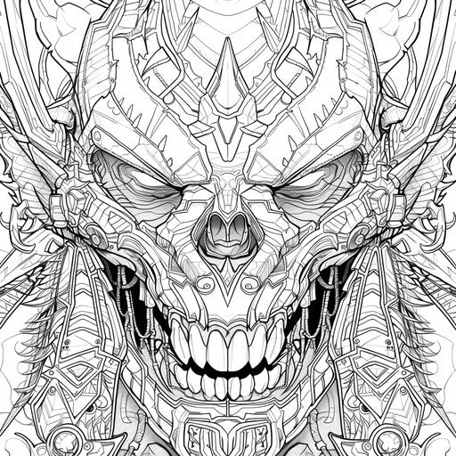 An epic warrior mask with heroic details in the style of Mark Schultz, coloring book page