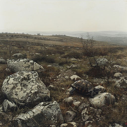 Wood turtle on rocky hillside