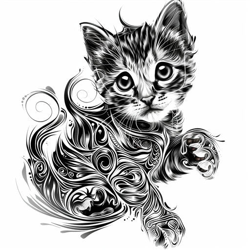 Intricate tattoo sketch of a playful kitten in bold clipart style