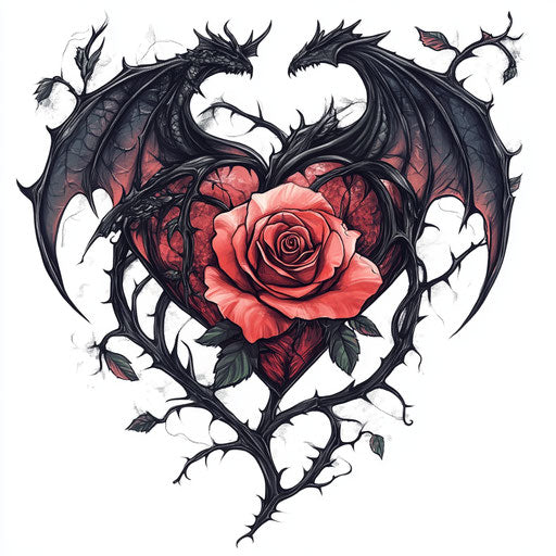 Rose in heart with black thorns, gothic style, dragon wings, red and pink