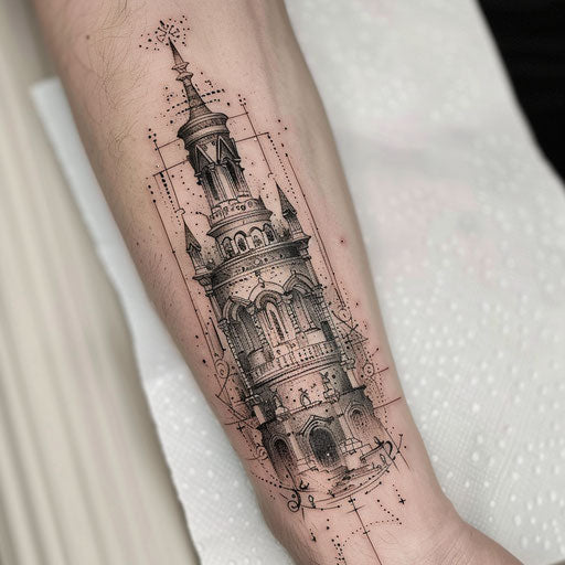 Ancient Irish round tower tattoo with Celtic art