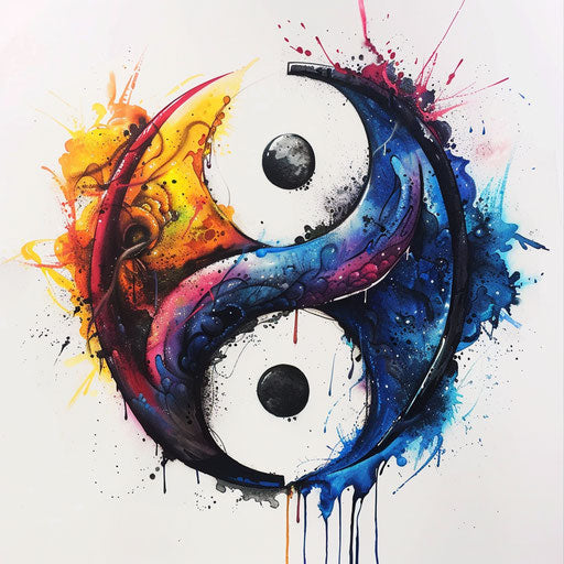 Graffiti style yin and yang tattoo with bright spray paint colors