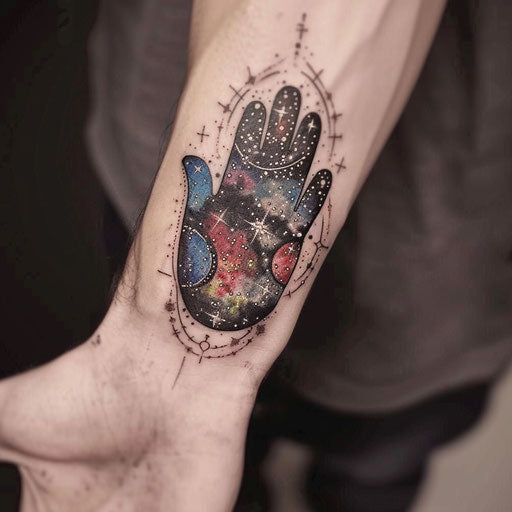 Surrealistic hamsa tattoo art combining elements of space and galaxy patterns on a white canvas.