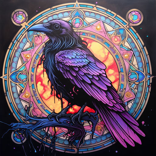 Intricate feathers on a crow with light gray and magenta palette