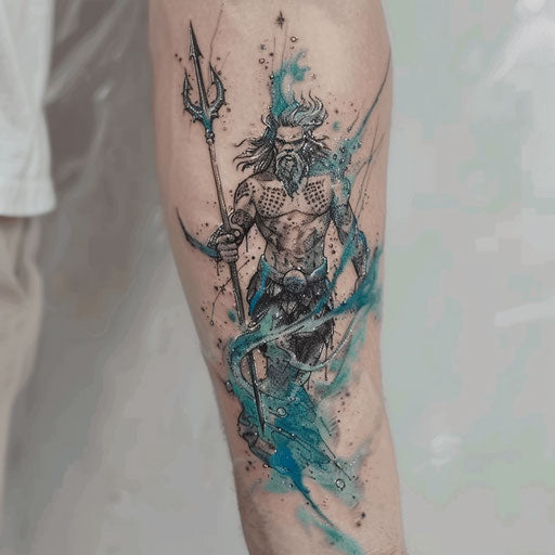 The sea god emerging with his trident in a splendor of sea colors on white surface