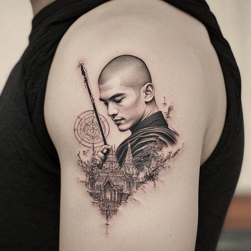 Sak yant tattoo with Buddhist monk and sacred geometry