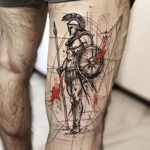 Sketch-style tattoo of Achilles with shield and spear on canvas