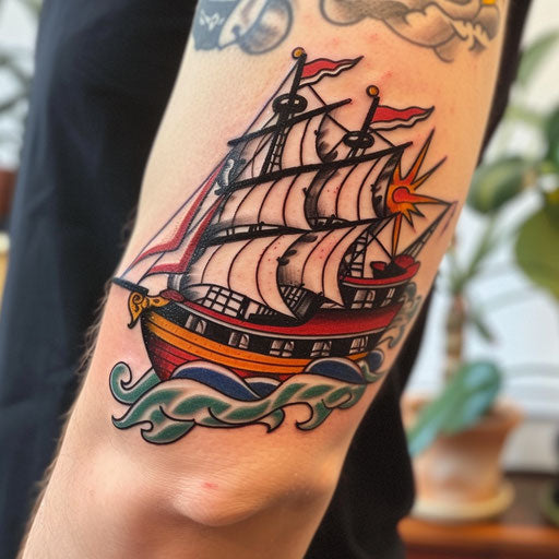 Bicep tattoo of a pirate ship, Sailor Jerry style