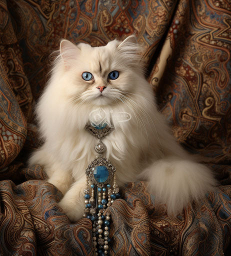 Fluffy white cat on white carpet, light maroon and light indigo style