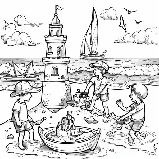 Children building sandcastle boat beach