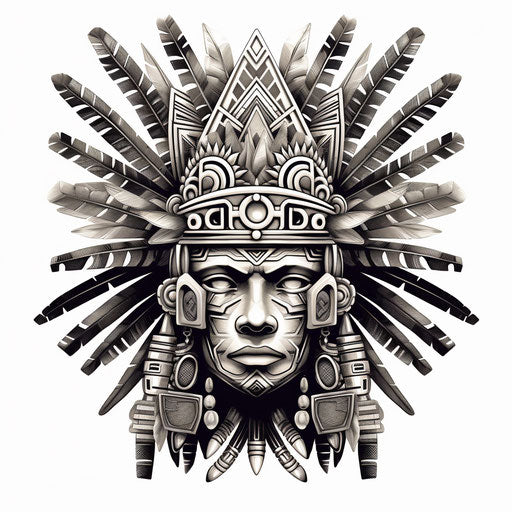 Black and white drawing of Aztec head dress, in the style of stencil-based historical illustrations