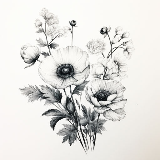 Drawing of black and white flowers, tattoo style, hazy romanticism