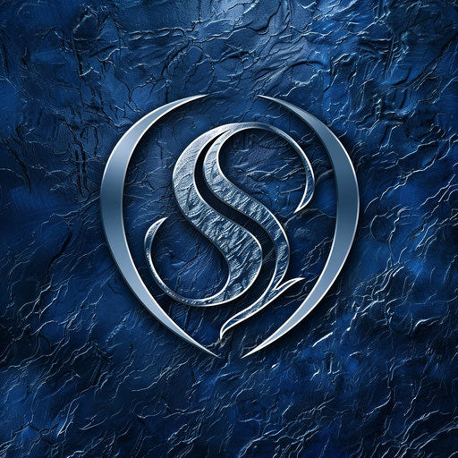 Boutique logo in blue and silver with a sophisticated background