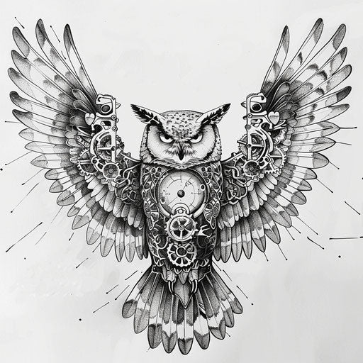 Rustic mechanical owl tattoo design with clockwork components