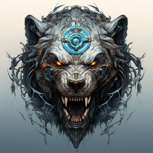 Bear with metal skull and wolf tattoo