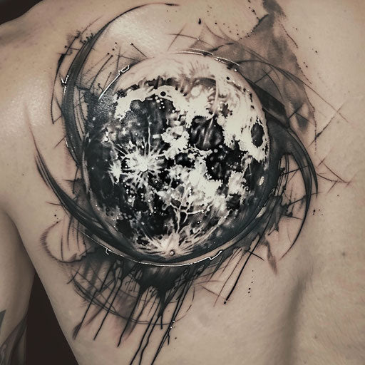 Bold flat tattoo sketch of a full moon with a merged skull