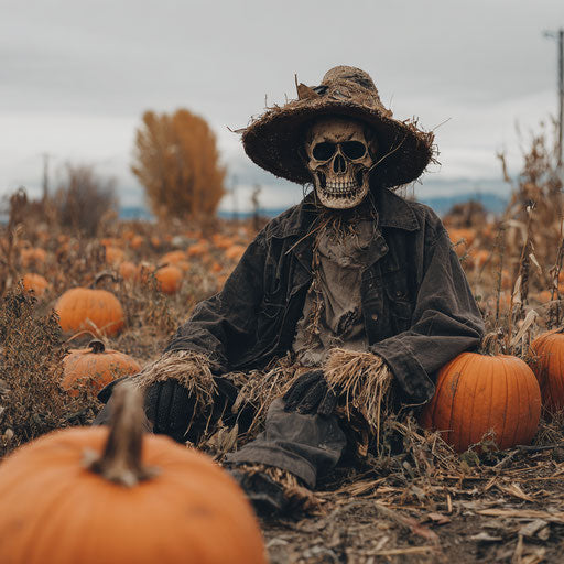 Skeleton Scarecrow in a Field of Pumpkins