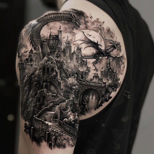Epic fantasy shoulder tattoo with mythical beasts and ancient ruins