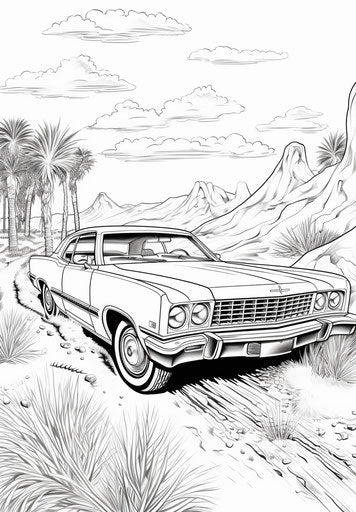 Coloring page of a car with open driver's door, exotic comic style