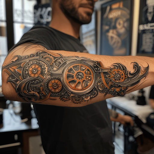 Steampunk gears arm tattoo in the style of Guy Aitchison