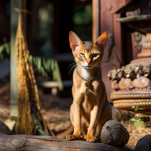 Abyssinian cat sitting in front of a log cabin