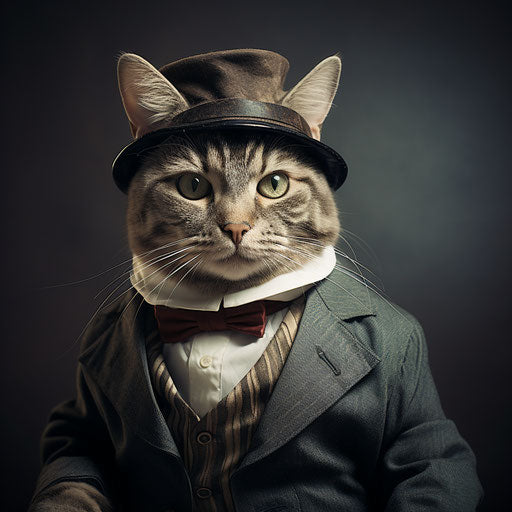 An American Shorthair cat dressed like a man