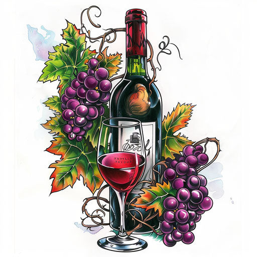 Tattoo design of wine bottle and glass, elegant and colorful