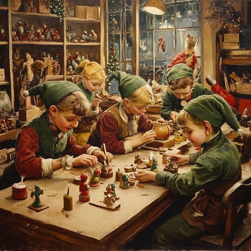 1930s toy workshop, elves painting wooden toys for Christmas