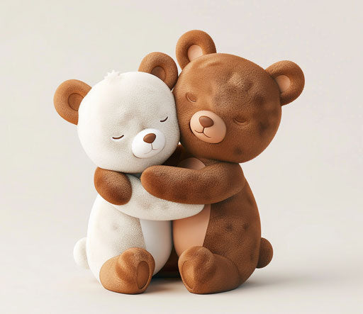 Two cute teddy bears hugging, animated style, white and brown