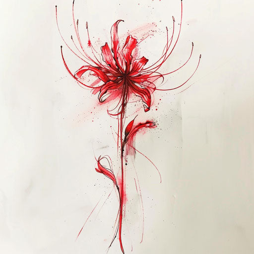 Romantic tattoo sketch of a red spider lily with soft watercolor washes and gentle shading