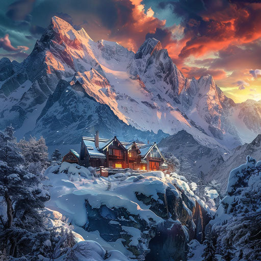 Mountain cabin nestled in snowy peaks