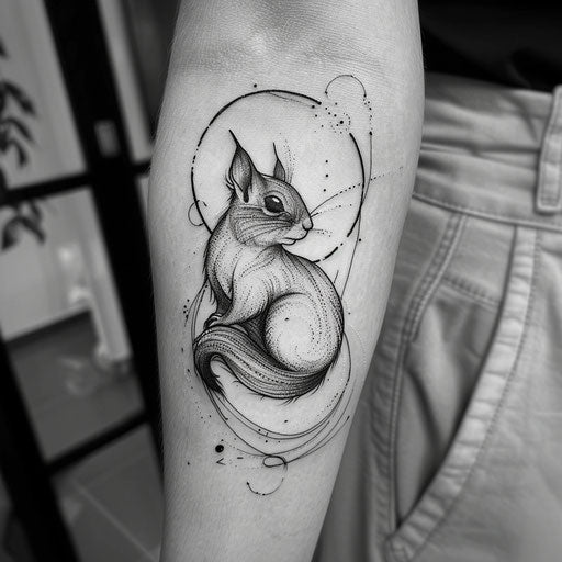 Contemporary flat tattoo sketch of a squirrel in minimalist black and white