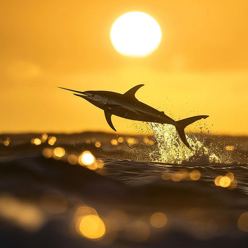 Swordfish gracefully jumping over ocean waves at sunrise