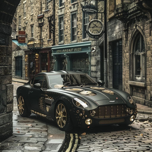 Steampunk Aston Martin DB7 Zagato with brass fittings and gears, parked in an old Victorian town