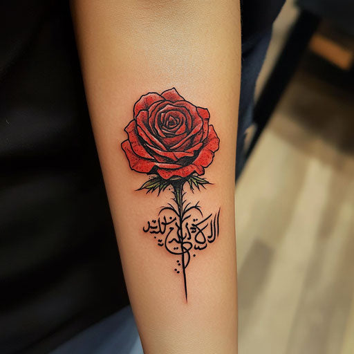 Arabic tattoo with calligraphy within a rose on the wrist