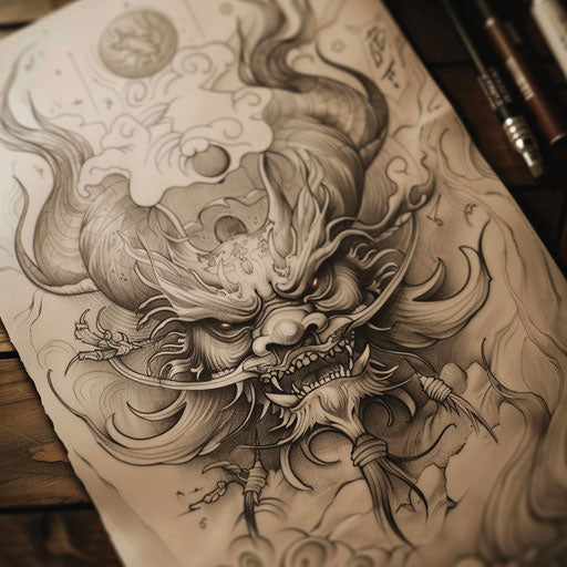 Elegant sketch of a Tengu with delicate curves