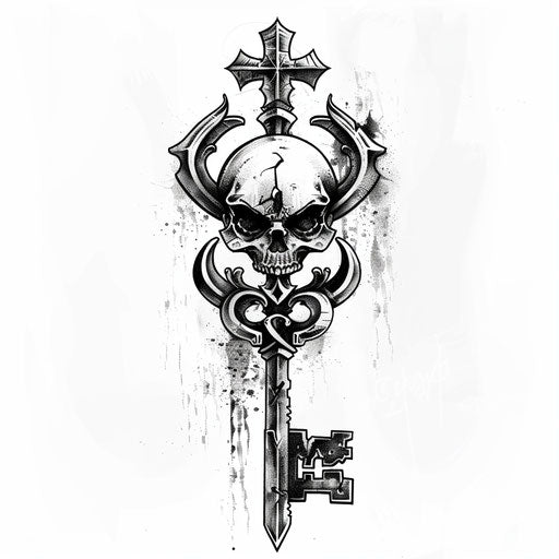 Edgy tattoo sketch of a key with a skull design