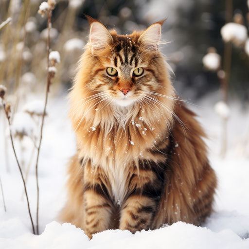 Norwegian forest cat in the snow