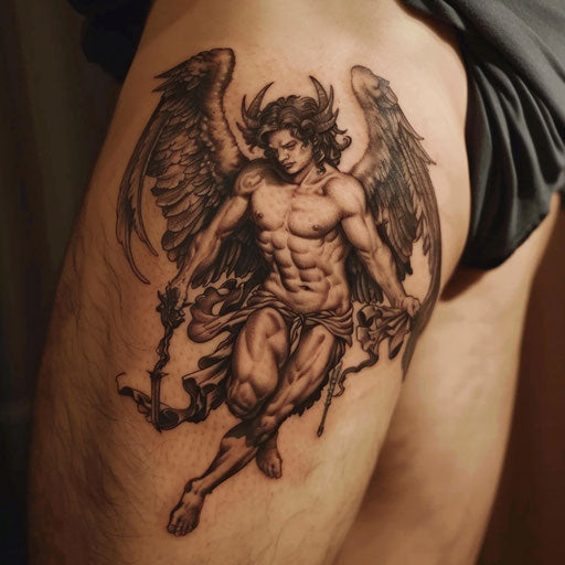 Angel and demon thigh tattoo in the style of Gerald Brom