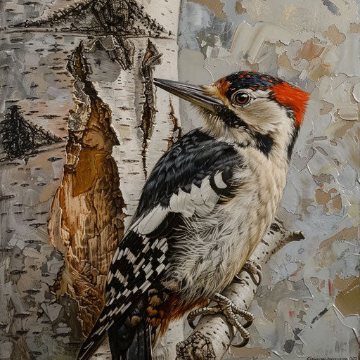 Close-up of a woodpecker on a birch tree