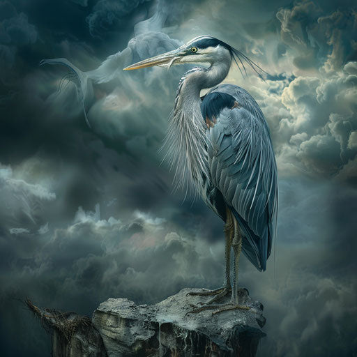 Blue heron in dramatic composition with stormy skies