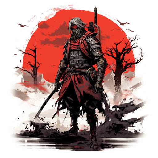 Samurai warrior in inky shadows, apocalyptic