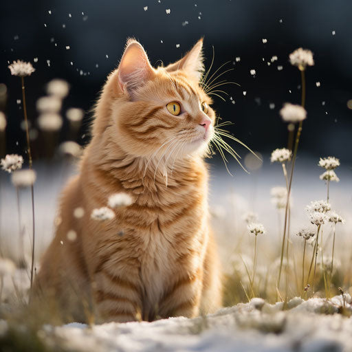 Ginger cat in a snowy field