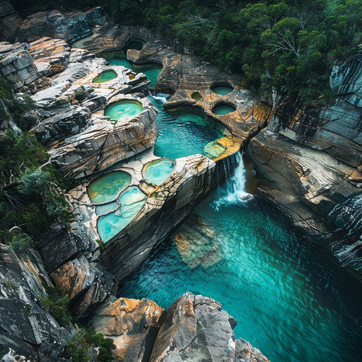 Angel Falls with turquoise pools and rugged landscape