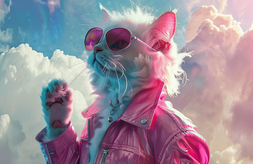 Cat with sunglasses, pink jacket, hair wig - cloudy sky