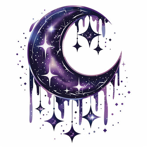 Mystical flat tattoo for sparkle tattoo with crescent moon and sparkling stars deep purple