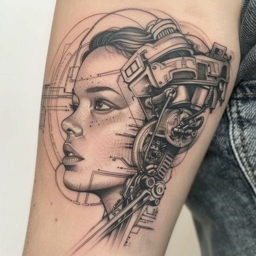 Biomechanical tattoo merging with futuristic machinery in metallic tones